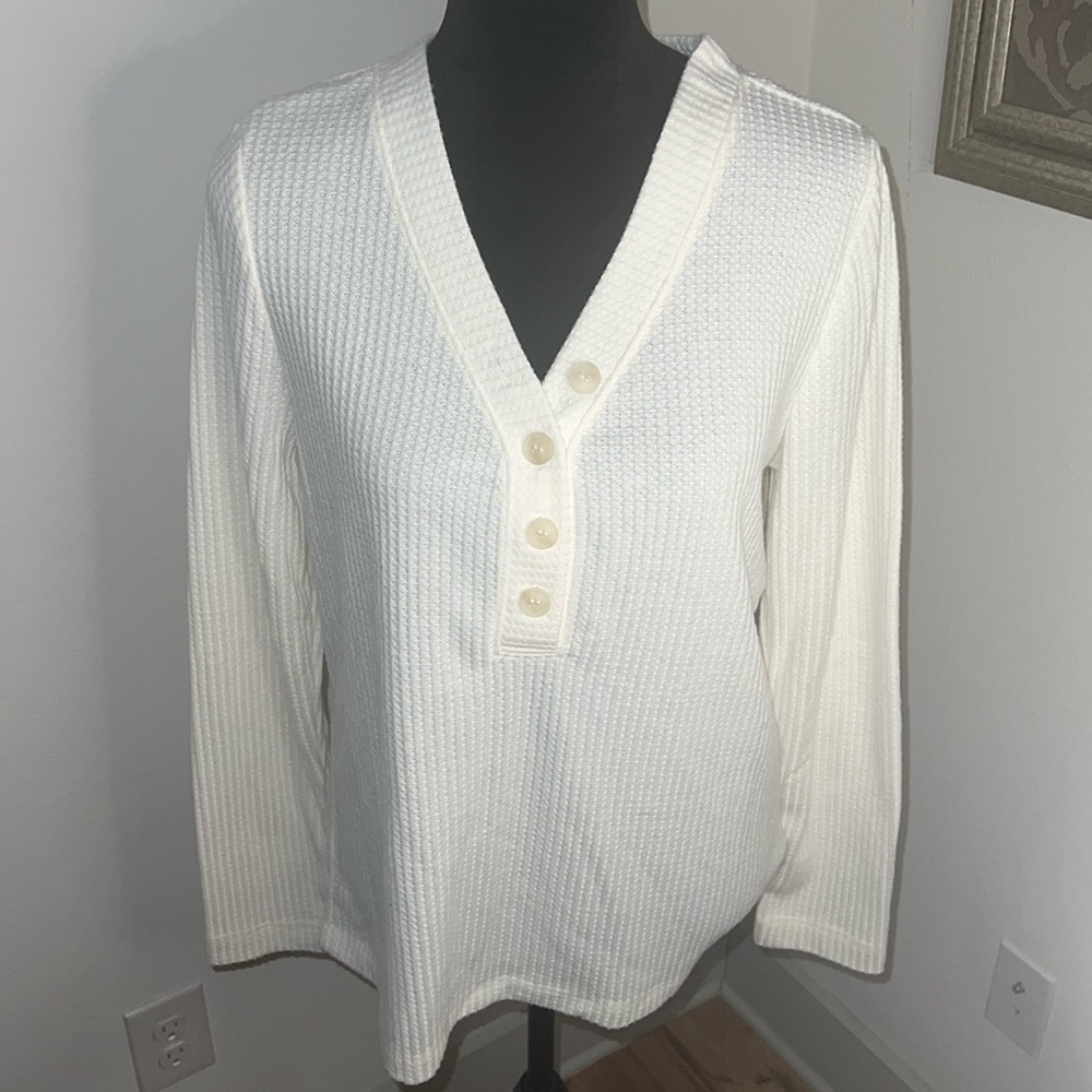 LOFT waffle textured v-neck long sleeves 1/4 buttoned top blouse Sz L new